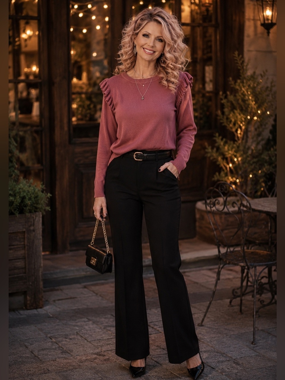 Pink Rose Dusty Rose Ruffle Shoulder Lightweight Sweater L